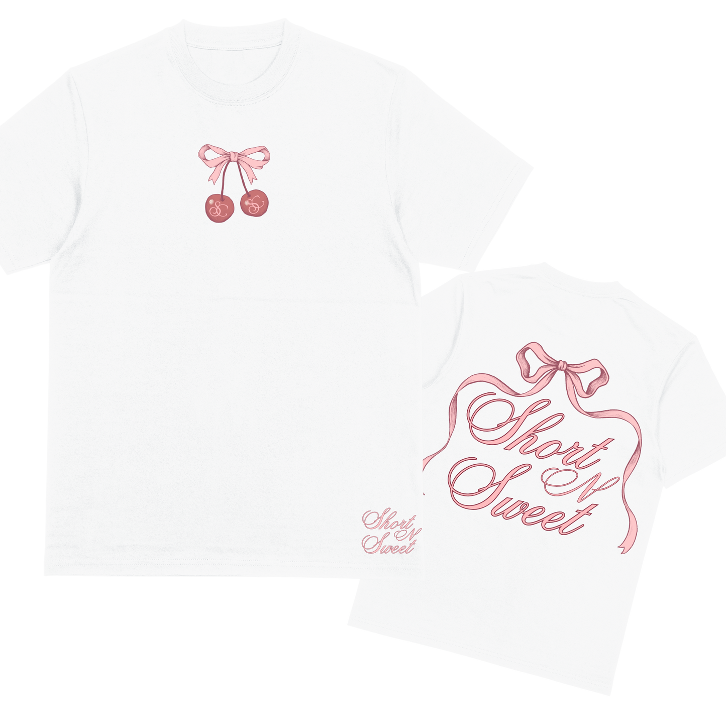 White t-shirt with pink cherry and 'Short & Sweet' text design on a white background