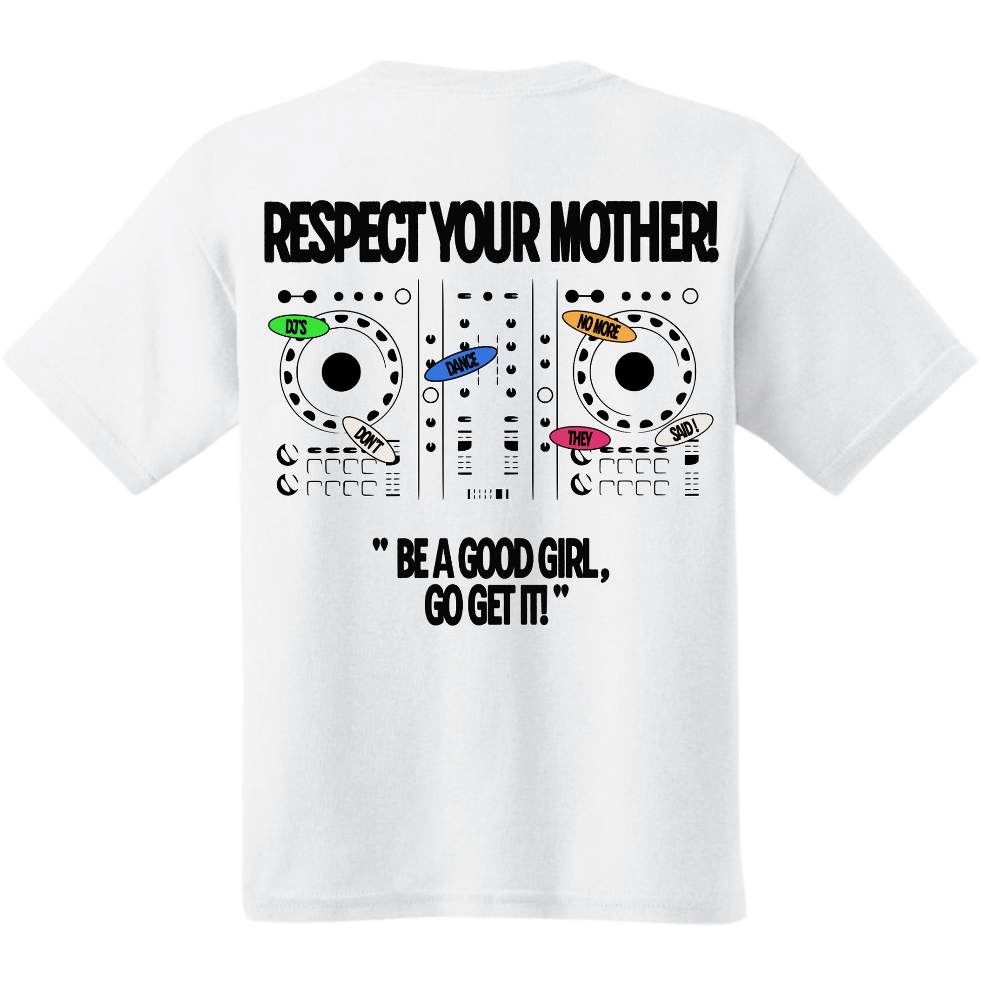 White t-shirt with graphic design and text on a white background