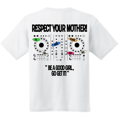 White t-shirt with graphic design and text on a white background