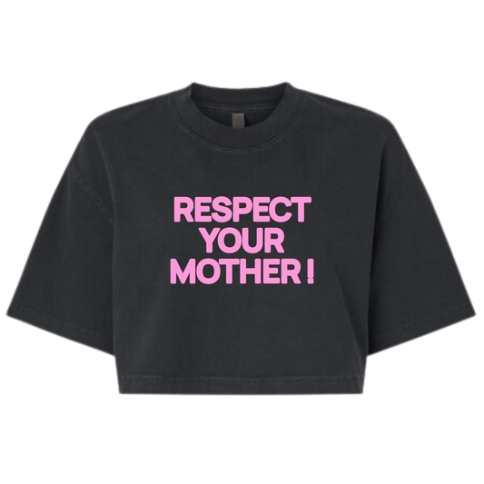 Respect Your Mother ! Puff Print Black Washed Boxy Crop