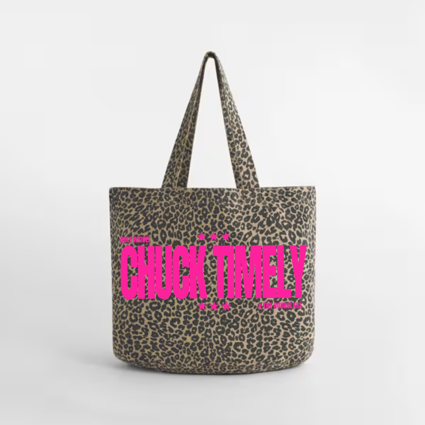 Chuck Timely Leopard Print Tote Bag – Hand Printed, Recycled Cotton Pink Text