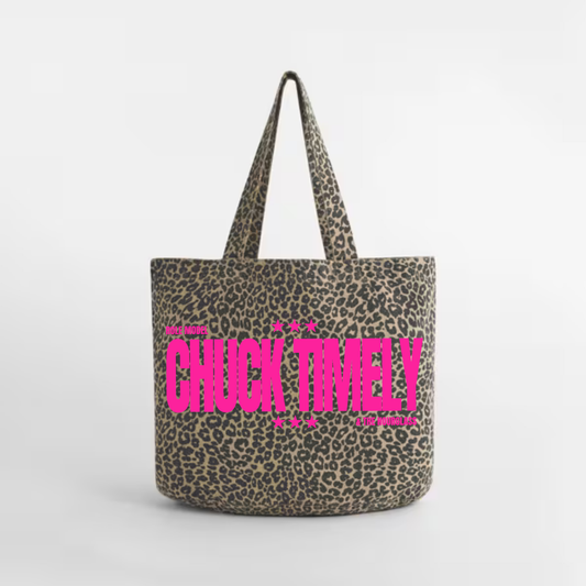 Chuck Timely Leopard Print Tote Bag – Hand Printed, Recycled Cotton Pink Text