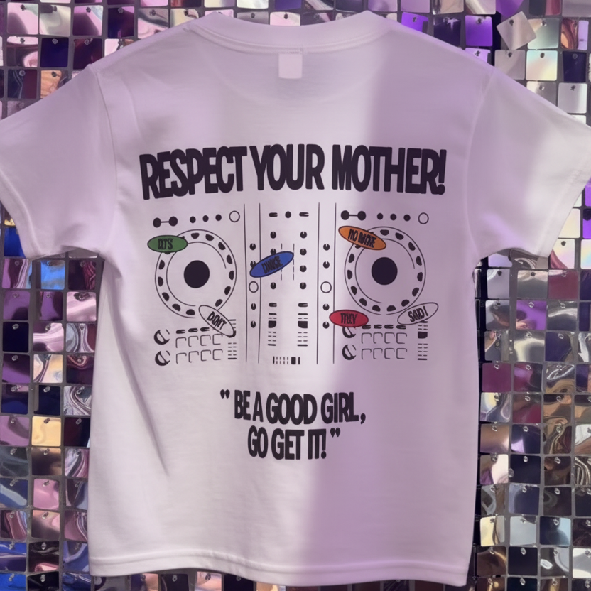 White t-shirt with graphic design and text on a mosaic wall background