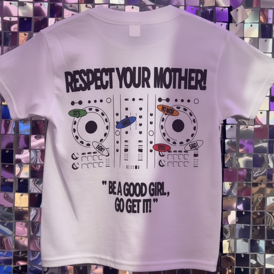 White t-shirt with graphic design and text on a mosaic wall background