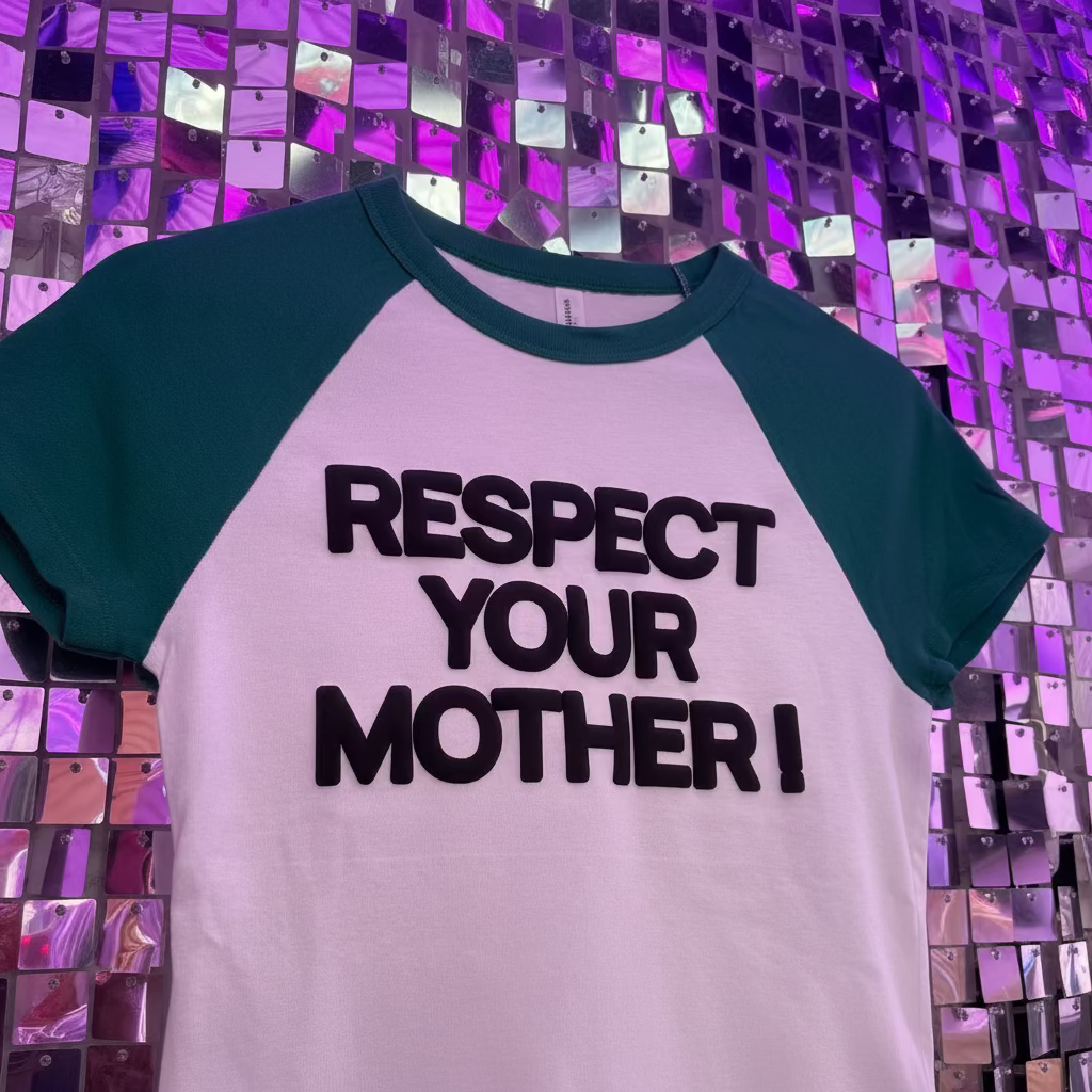 T-shirt with 'RESPECT YOUR MOTHER!' text on a hanger against a reflective, multicolored background