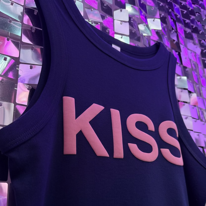 Navy tank top with 'KISS' printed in pink on a colorful mirror background