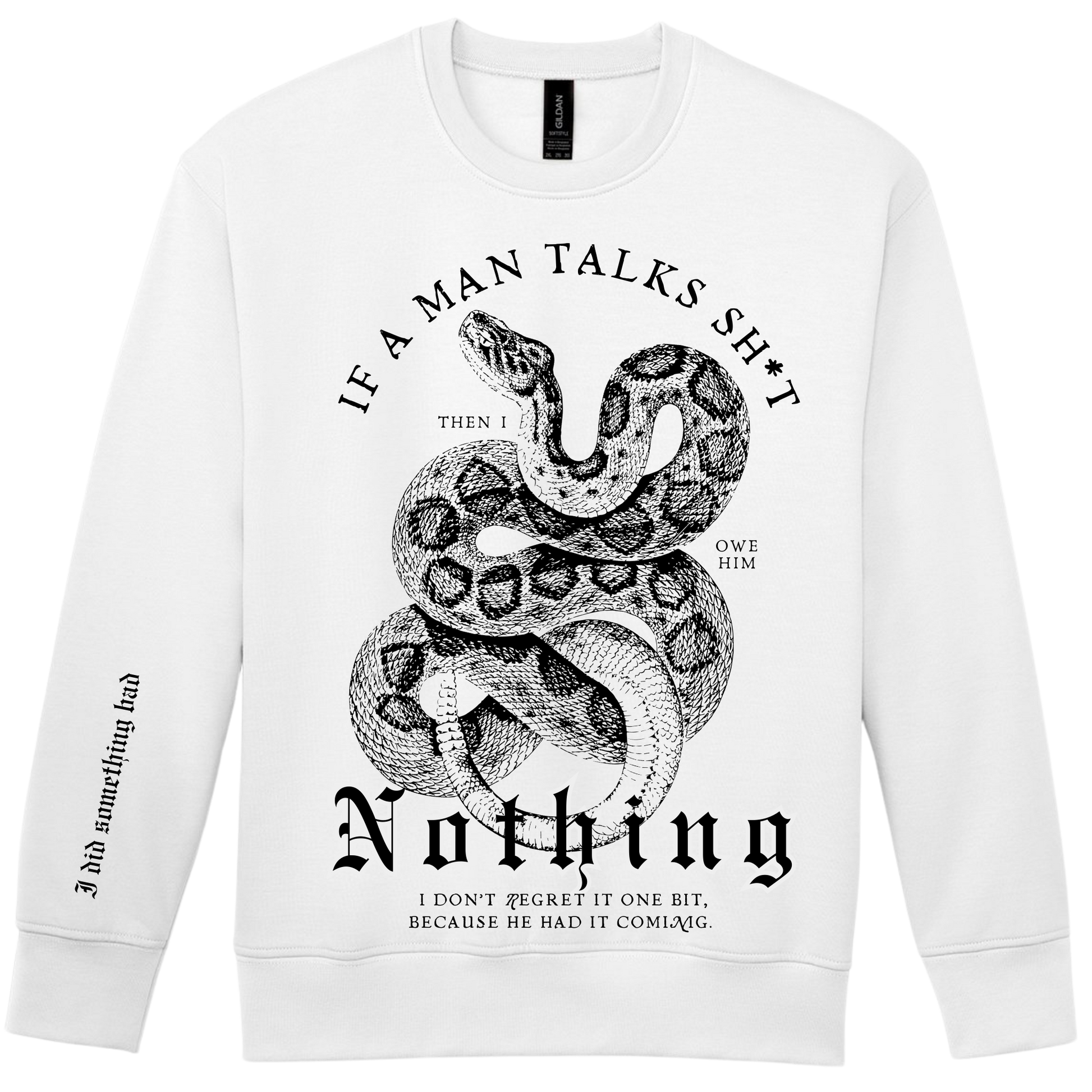 White sweatshirt with a black snake graphic and text on a white background
