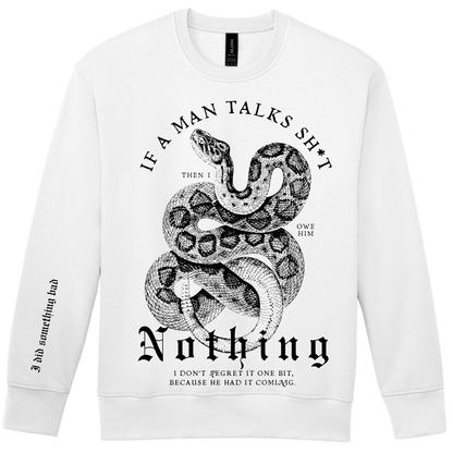 White sweatshirt with a black snake graphic and text on a white background
