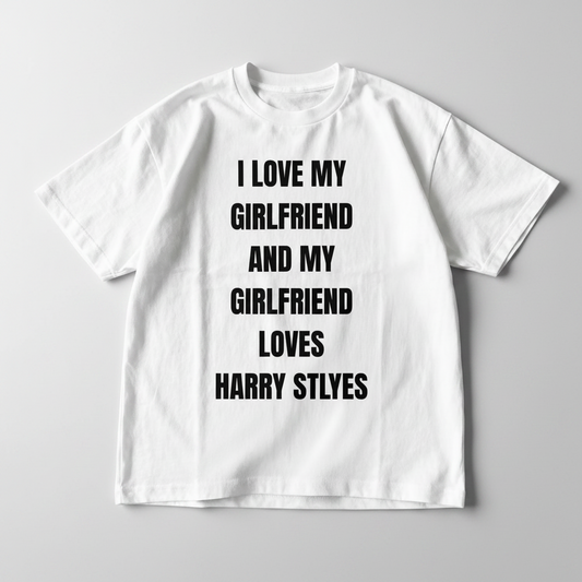 White t-shirt with text on a colorful textured background