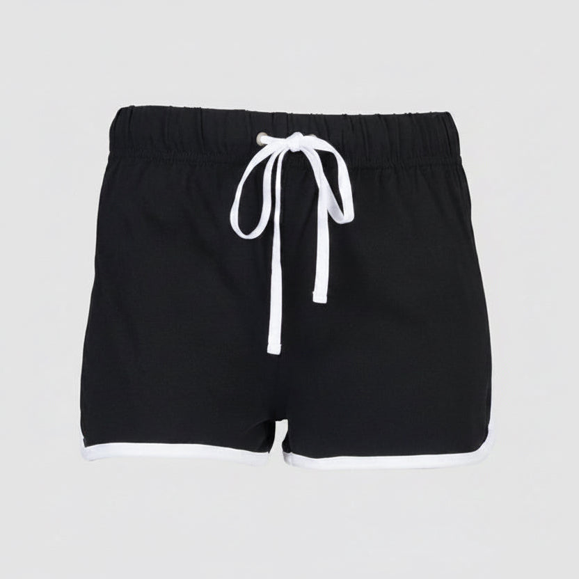 Black shorts with a white drawstring on a white background