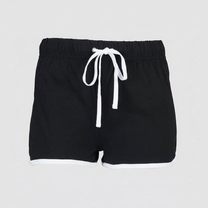 Black shorts with a white drawstring on a white background