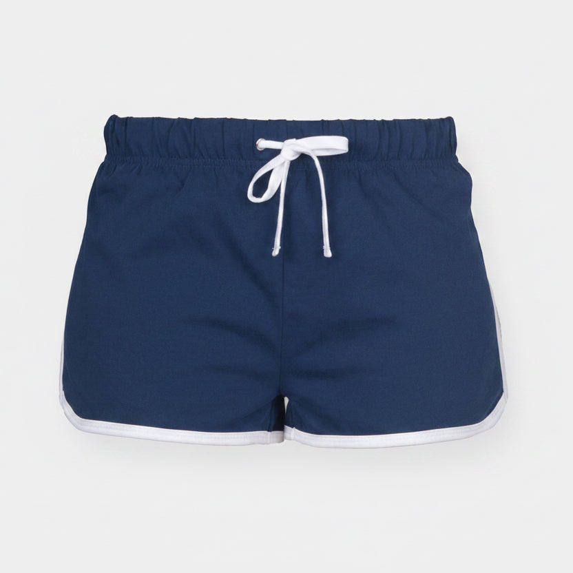 Navy blue shorts with a white drawstring on a white background